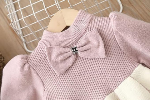 Girl's Winter Warm Woolen Full Sleeve Tulle Tutu Dress with Bows Embellishments