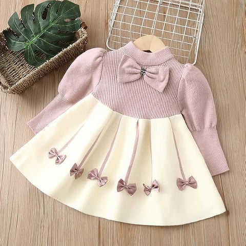 Girl's Winter Warm Woolen Full Sleeve Tulle Tutu Dress with Bows Embellishments