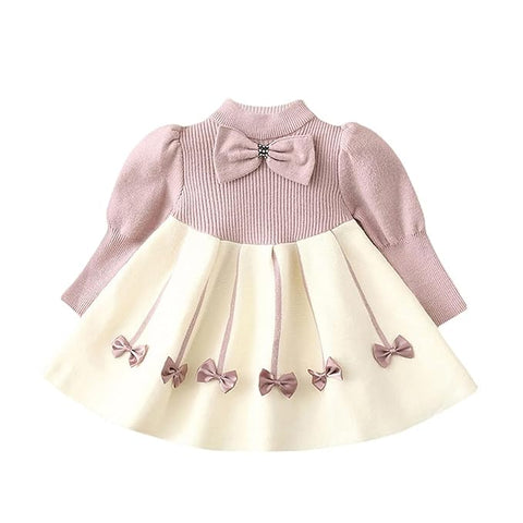 Girl's Winter Warm Woolen Full Sleeve Tulle Tutu Dress with Bows Embellishments
