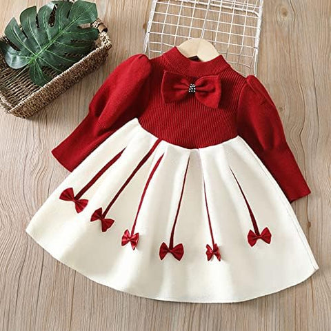 Girl's Winter Warm Woolen Full Sleeve Tulle Tutu Dress with Bows Embellishments