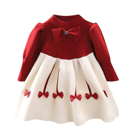 Girl's Winter Warm Woolen Full Sleeve Tulle Tutu Dress with Bows Embellishments