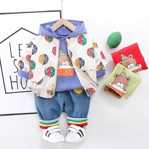 Birthday Special Kid's 3 Piece Full Sleeve Hooded T-shirt with Zip Up Jacket and Jeans Pants