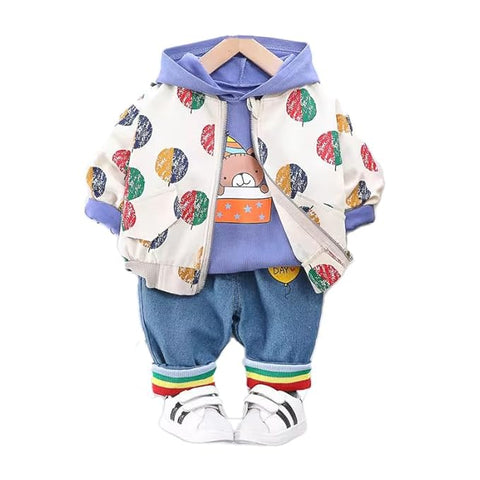 Birthday Special Kid's 3 Piece Full Sleeve Hooded T-shirt with Zip Up Jacket and Jeans Pants