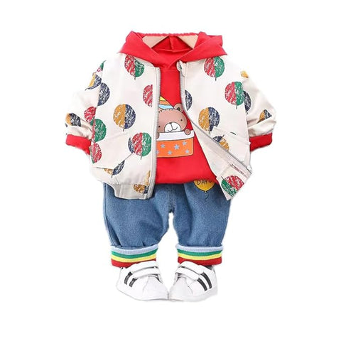Birthday Special Kid's 3 Piece Full Sleeve Hooded T-shirt with Zip Up Jacket and Jeans Pants