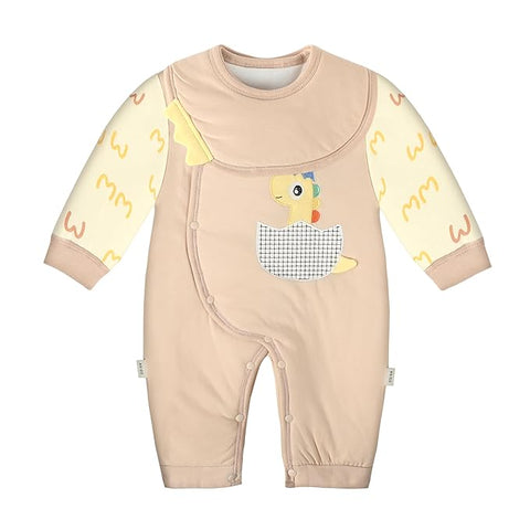 Rawrsome Dinosaur Newborn Warm Thick Full Sleeve Soft Footless Baby Romper with Detachable Bib
