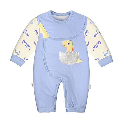 Rawrsome Dinosaur Newborn Warm Thick Full Sleeve Soft Footless Baby Romper with Detachable Bib