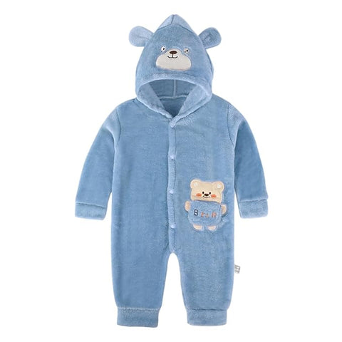 Cartoon Bear Warm Winter Fur Full Sleeve Footless Baby Romper with Hood - Economic Range for Newborn & Infants