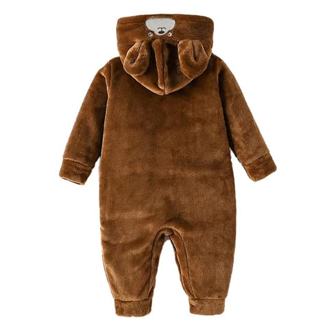 Cartoon Bear Warm Winter Fur Full Sleeve Footless Baby Romper with Hood - Economic Range for Newborn & Infants