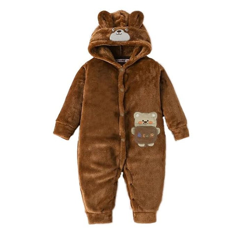 Cartoon Bear Warm Winter Fur Full Sleeve Footless Baby Romper with Hood - Economic Range for Newborn & Infants
