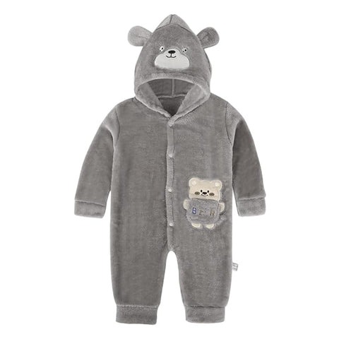 Cartoon Bear Warm Winter Fur Full Sleeve Footless Baby Romper with Hood - Economic Range for Newborn & Infants