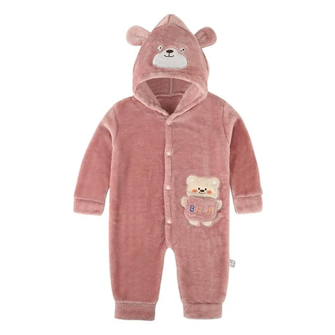 Cartoon Bear Warm Winter Fur Full Sleeve Footless Baby Romper with Hood - Economic Range for Newborn & Infants