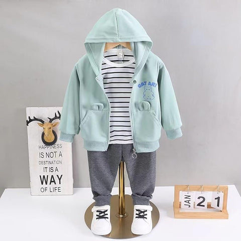 Kid's Classy Solid Stripe Print T-shirt with Hood Jacket & Jogger Pants Sets