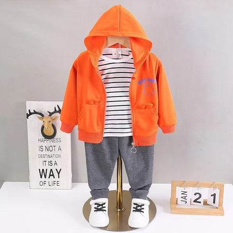 Kid's Classy Solid Stripe Print T-shirt with Hood Jacket & Jogger Pants Sets