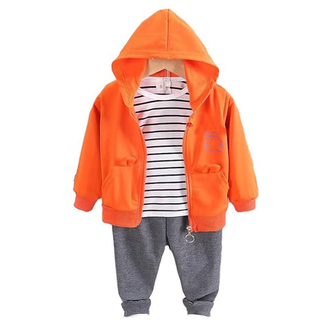Kid's Classy Solid Stripe Print T-shirt with Hood Jacket & Jogger Pants Sets