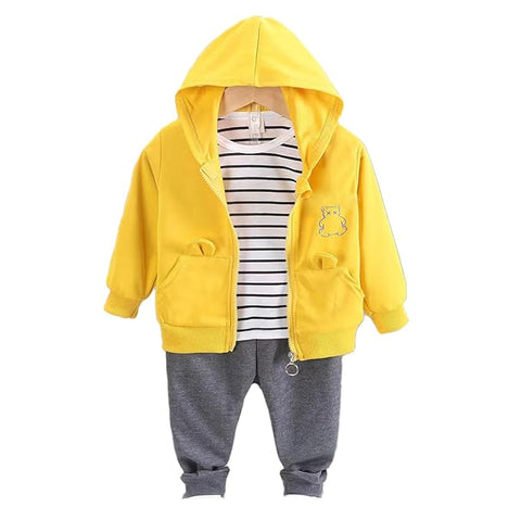 Kid's Classy Solid Stripe Print T-shirt with Hood Jacket & Jogger Pants Sets