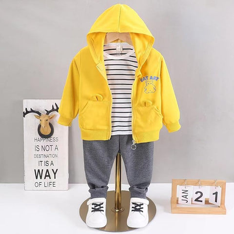 Kid's Classy Solid Stripe Print T-shirt with Hood Jacket & Jogger Pants Sets