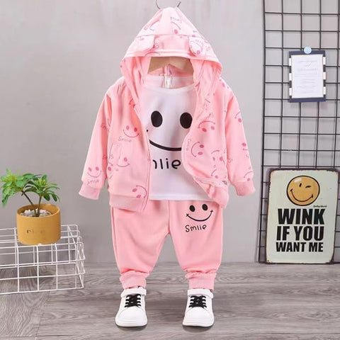 Kid's Happy Face Smile Print T-Shirt, Hoodie Jacket and Jogger Pants Sets