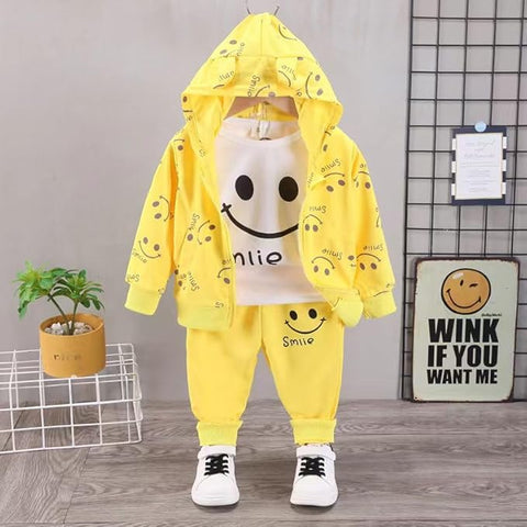 Kid's Happy Face Smile Print T-Shirt, Hoodie Jacket and Jogger Pants Sets
