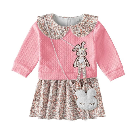 Girl's Full Sleeve Bunny Design Peter Pan Collar Winter Warm Party Midi Dress with Sling Bag