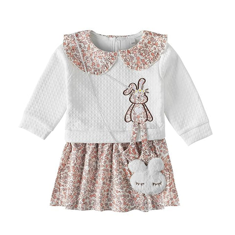 Girl's Full Sleeve Bunny Design Peter Pan Collar Winter Warm Party Midi Dress with Sling Bag