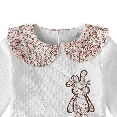 Girl's Full Sleeve Bunny Design Peter Pan Collar Winter Warm Party Midi Dress with Sling Bag