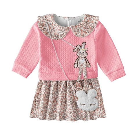 Warm Classy Peter Pan Collar Girl's Winter Party Midi Dress with Fur Plush Sling Bag