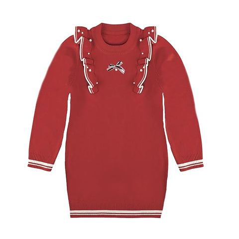 Girl's Winter Full Sleeve Woolen Warm Sweatshirt Tunic Dress with Detachable Brooch