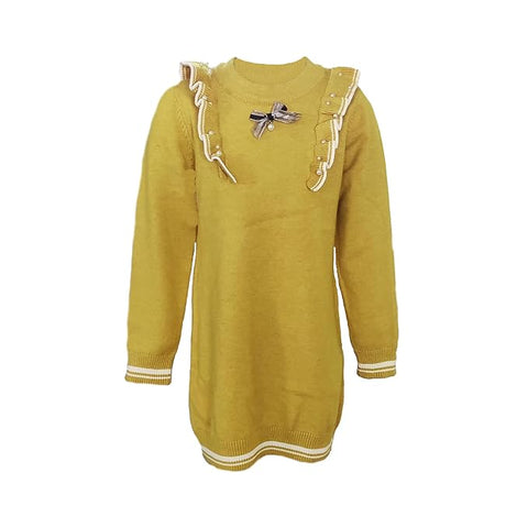 Girl's Winter Full Sleeve Woolen Warm Sweatshirt Tunic Dress with Detachable Brooch