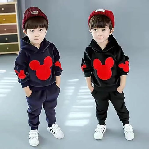 Kid's Warm Cartoon Bear Velvet Fleece Sweatshirt Hoodie Jogger Pant Winter Clothing Set