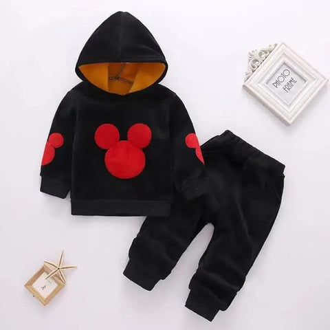 Kid's Warm Cartoon Bear Velvet Fleece Sweatshirt Hoodie Jogger Pant Winter Clothing Set