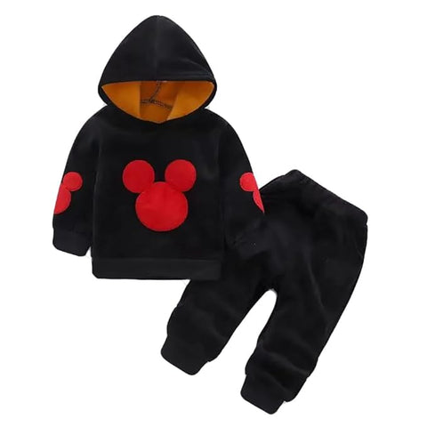 Kid's Warm Cartoon Bear Velvet Fleece Sweatshirt Hoodie Jogger Pant Winter Clothing Set