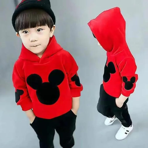 Kid's Warm Cartoon Bear Velvet Fleece Sweatshirt Hoodie Jogger Pant Winter Clothing Set