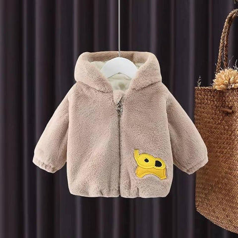 Kid's Warm Wool Fur Hooded Elephant Design Front Open Zipper Coat Jacket