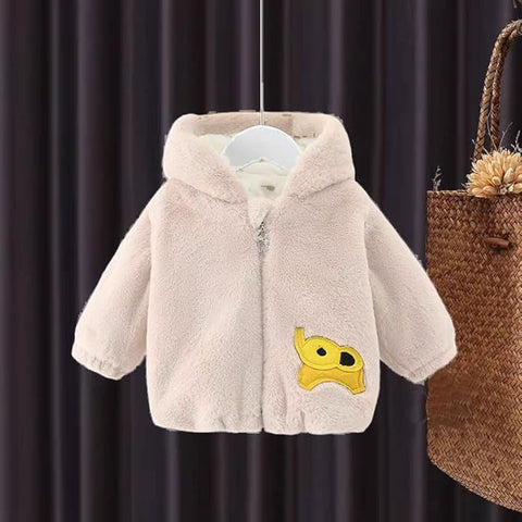 Kid's Warm Wool Fur Hooded Elephant Design Front Open Zipper Coat Jacket