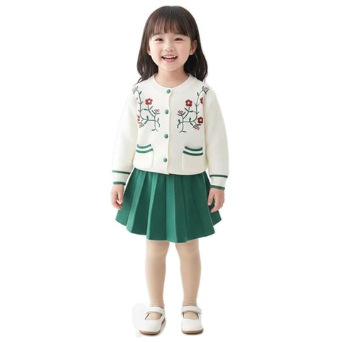 Girl's Woolen Embroidered Sweater Top With Midi Skirt