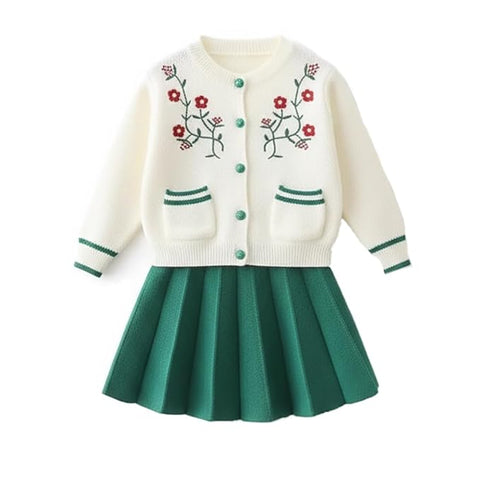 Girl's Woolen Embroidered Sweater Top With Midi Skirt