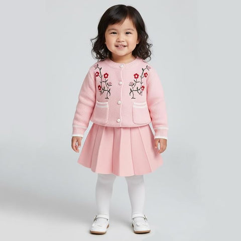 Girl's Woolen Embroidered Sweater Top With Midi Skirt