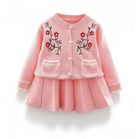 Girl's Woolen Embroidered Sweater Top With Midi Skirt