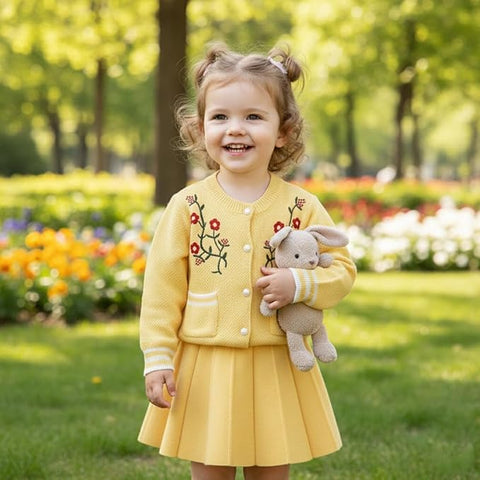 Girl's Woolen Embroidered Sweater Top With Midi Skirt