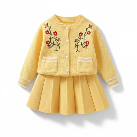 Girl's Woolen Embroidered Sweater Top With Midi Skirt