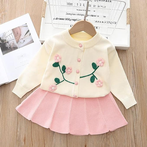 Girl's Woolen Embroidered Sweater Top With Midi Skirt