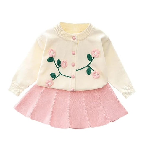 Girl's Woolen Embroidered Sweater Top With Midi Skirt