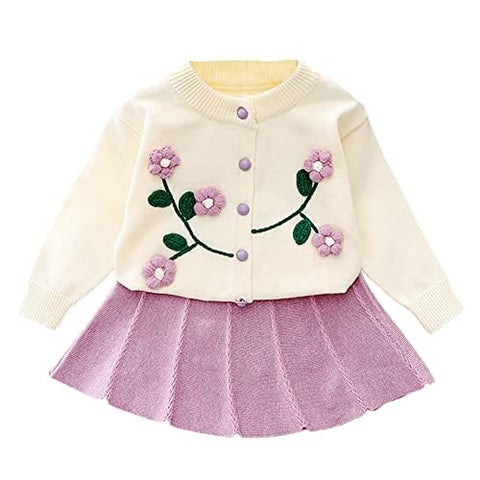 Girl's Woolen Embroidered Sweater Top With Midi Skirt