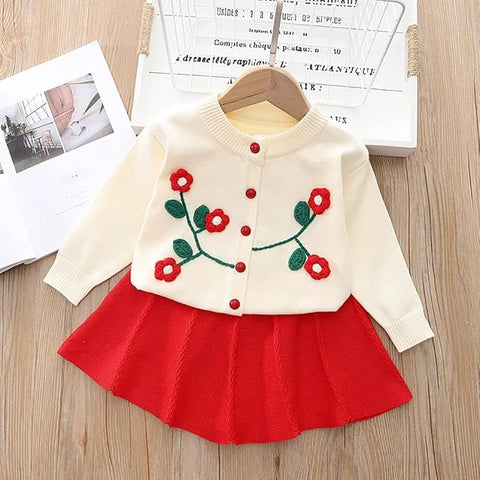 Girl's Woolen Embroidered Sweater Top With Midi Skirt