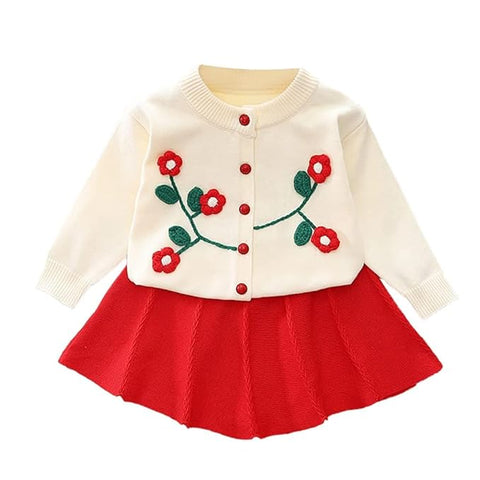 Girl's Woolen Embroidered Sweater Top With Midi Skirt