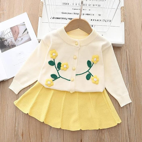 Girl's Woolen Embroidered Sweater Top With Midi Skirt