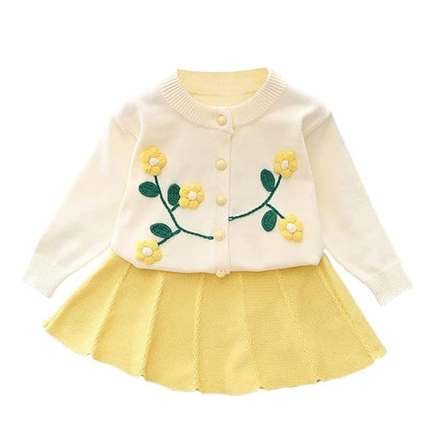 Girl's Woolen Embroidered Sweater Top With Midi Skirt