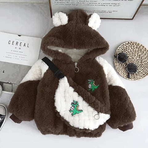 Kids Winter Warm Fur Dinosaur Zipper Hooded Party Jacket With Sling Bag