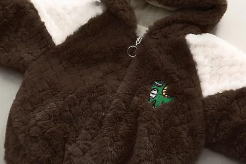 Kids Winter Warm Fur Dinosaur Zipper Hooded Party Jacket With Sling Bag