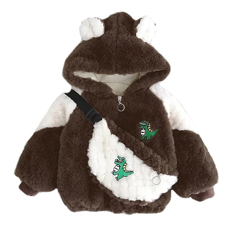 Kids Winter Warm Fur Dinosaur Zipper Hooded Party Jacket With Sling Bag
